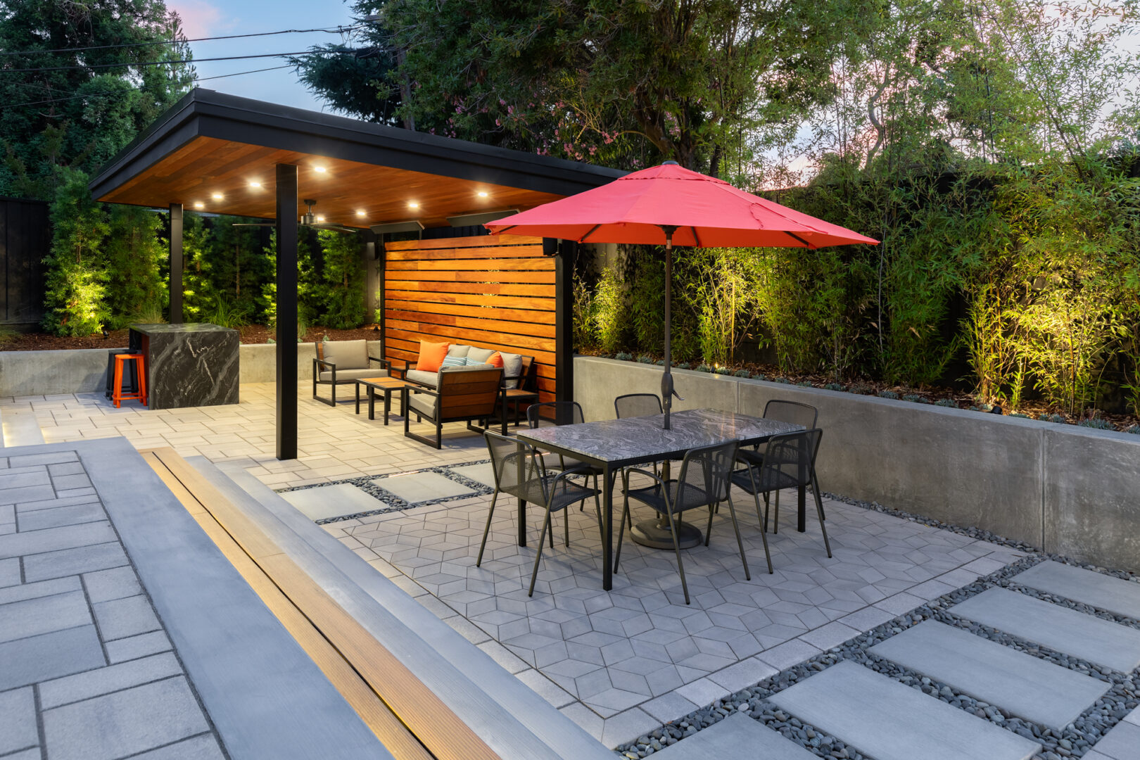 Oudoor stone patio in backyard