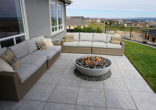 stone patio with fire pit bowl