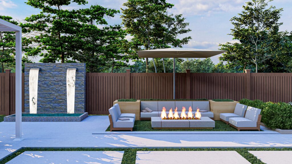 large outdoor lounging area in backyard