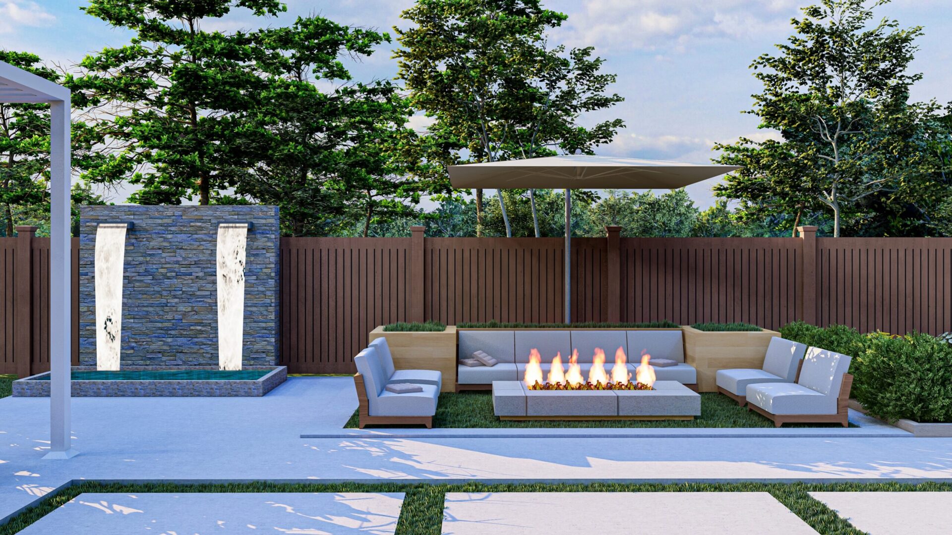 large outdoor lounging area in backyard