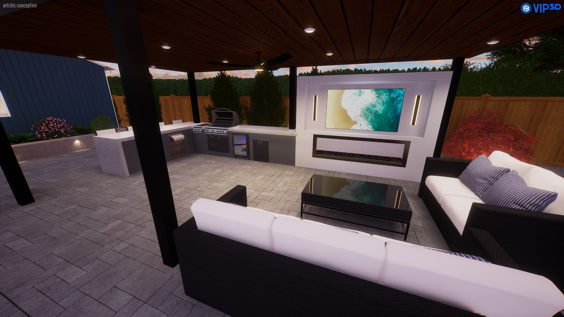 3D rendering of backyard lounge area
